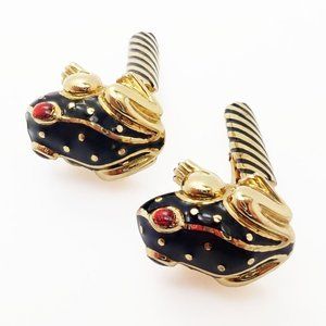 Authentic! Vintage David Webb 18k Yellow Gold Ruby Black Enamel Frog Cufflinks